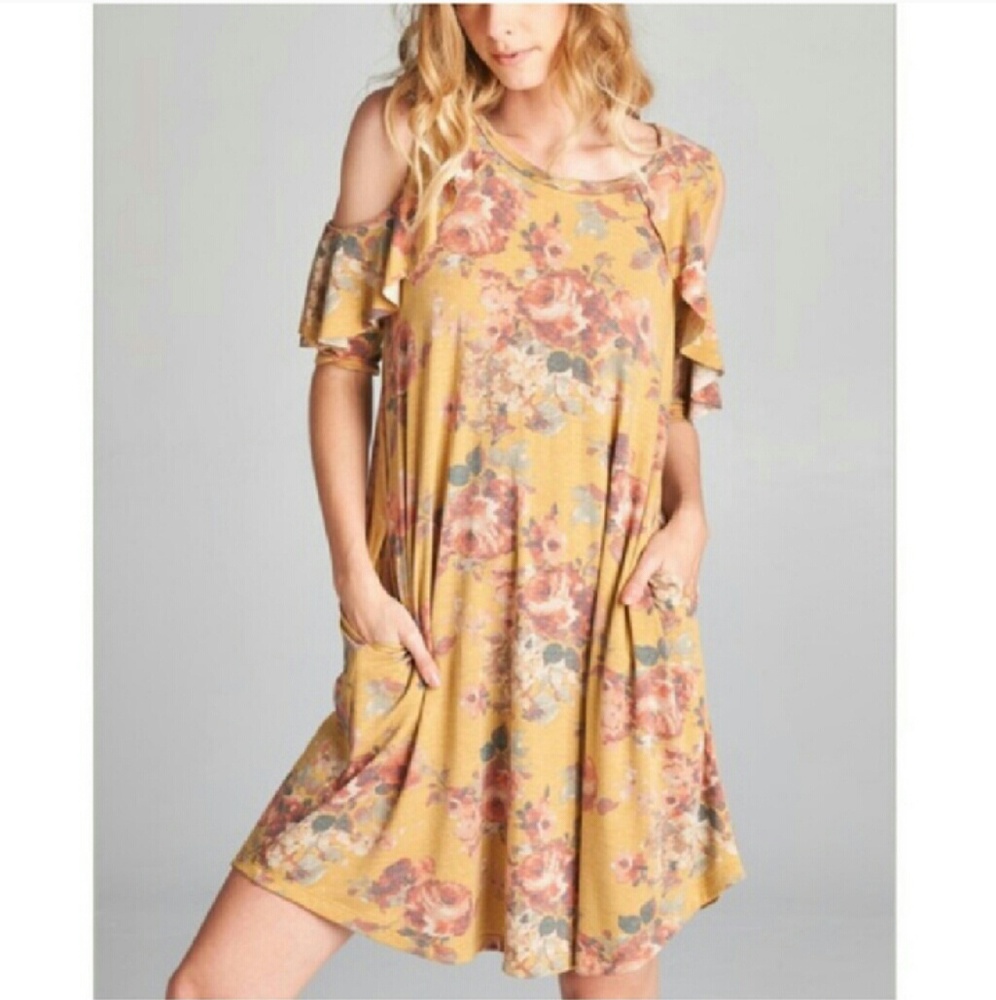 Vintage Floral Print Cold-Shoulder Swing Dress